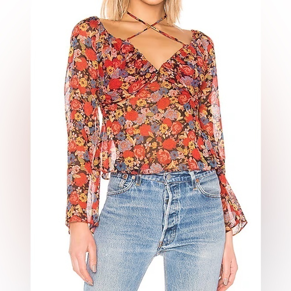 House of Harlow 1960 X REVOLVE Tess Blouse in Red Mixed Floral- Size Medium